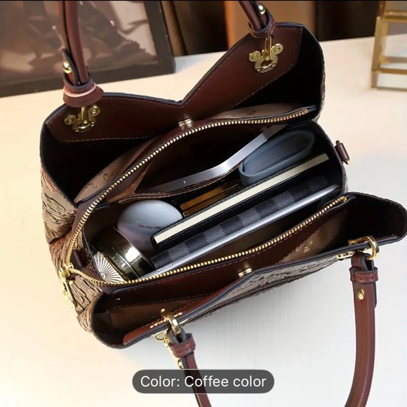 Floral Embossed Leather Shoulder Bag - Coffee - Picture 6 of 10